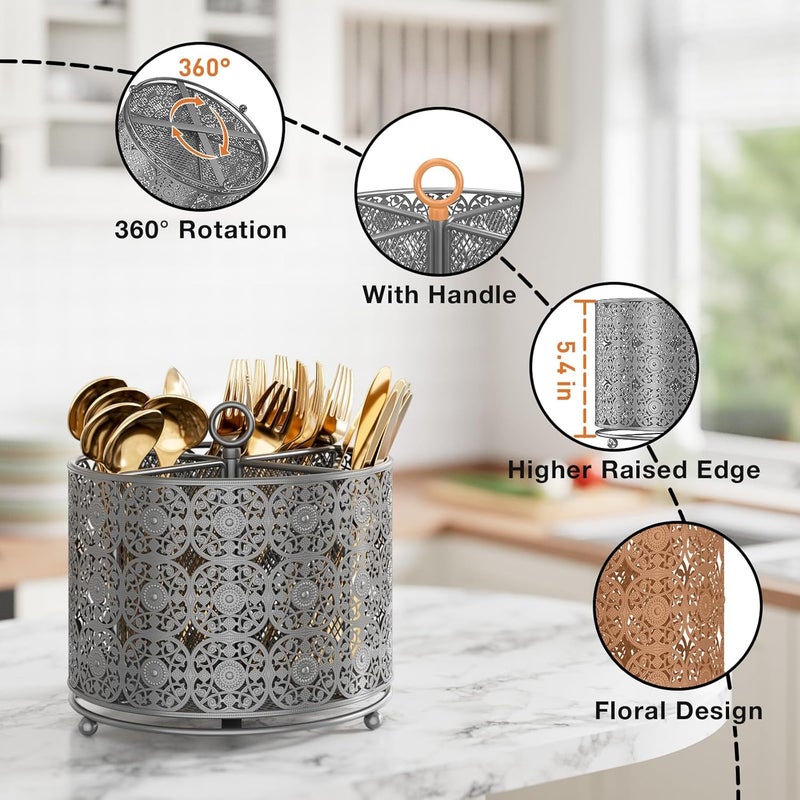 YIUKEA Rotating Utensil Caddy Countertop - Higher Raised Cutlery Caddy Holder - Metal Silverware Caddy Organizer with 4 Compartment for Kitchen Counter Party Office Silver - Image 4